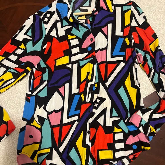 Abstract Geometric Button Up 80’s Vintage Vibes Artistic Cubism Style Size M - Picture 2 of 9